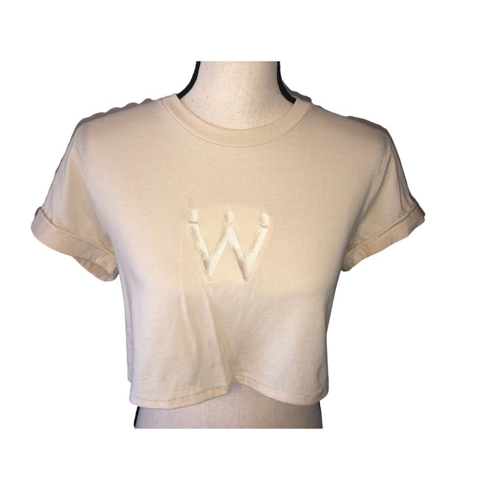Wellvyl Cropped Tee Size S Beige Embroidered W T-Shirt 100% Cotton Short Sleeve